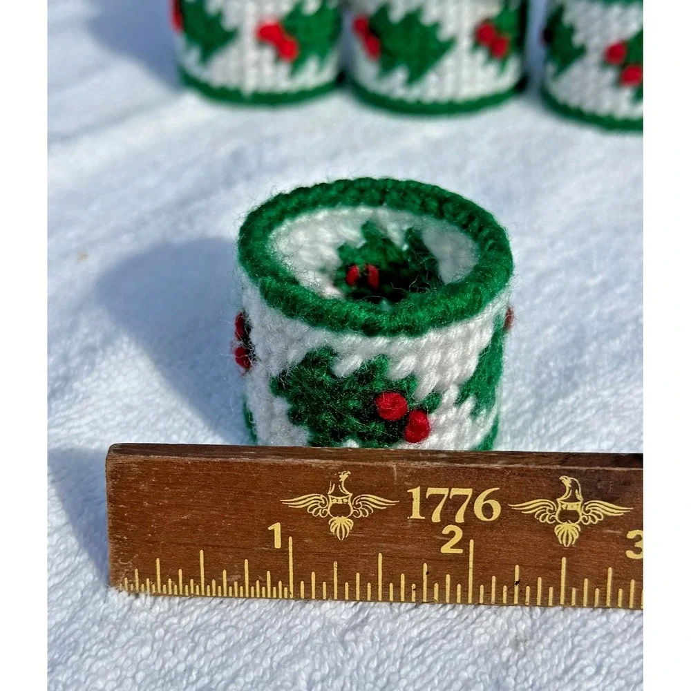 Set of 12 VTG Christmas Holly Berries Needlepoint Napkin Rings Handmade Holiday